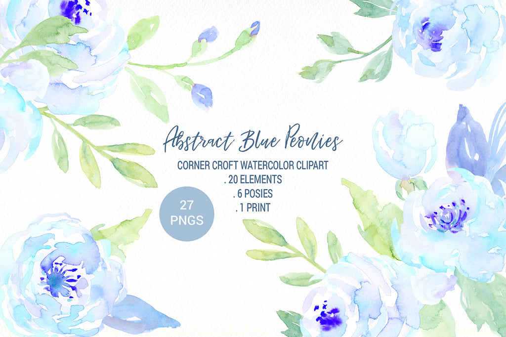 watercolor abstract peony clipart, floral arrangement, dedicate blue flower ilustration 
