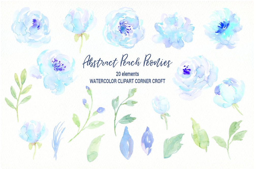 blue peony elements, watercolor clipart, abstract blue flowers