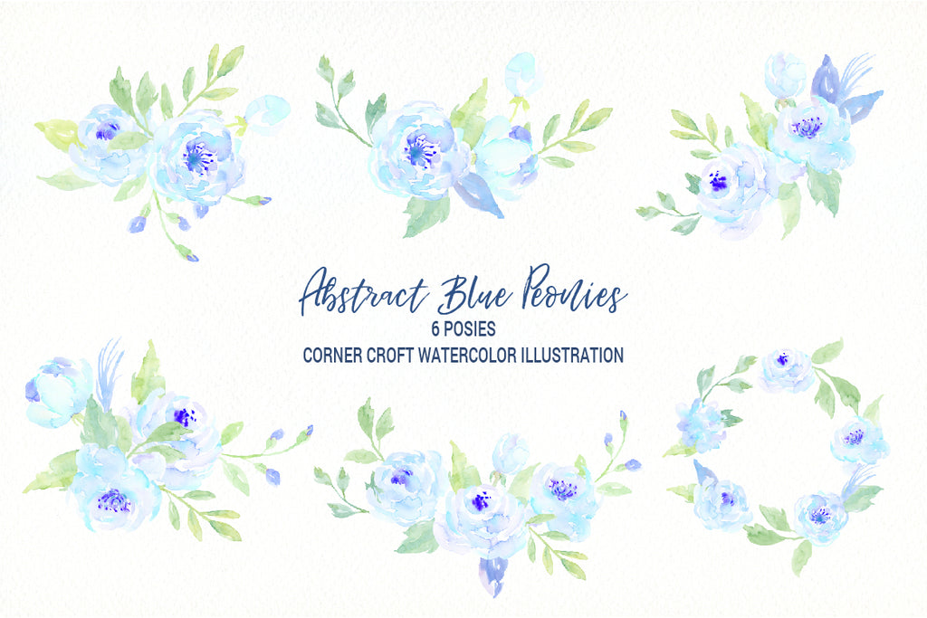 watercolor blue peony posy, floral wreath instant download 