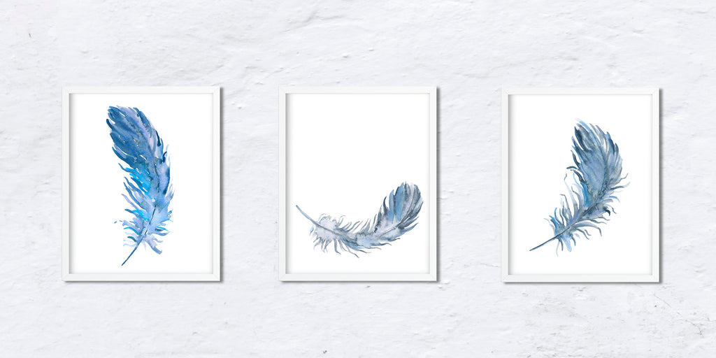 Group of 3 abstract blue feather, watercolor feather illustration, Corner Croft art prints, blue feathers