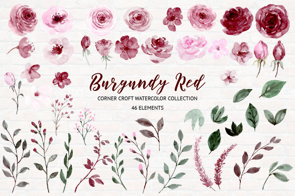 watercolor illustration, pink and red flowers, burgundy red clipart