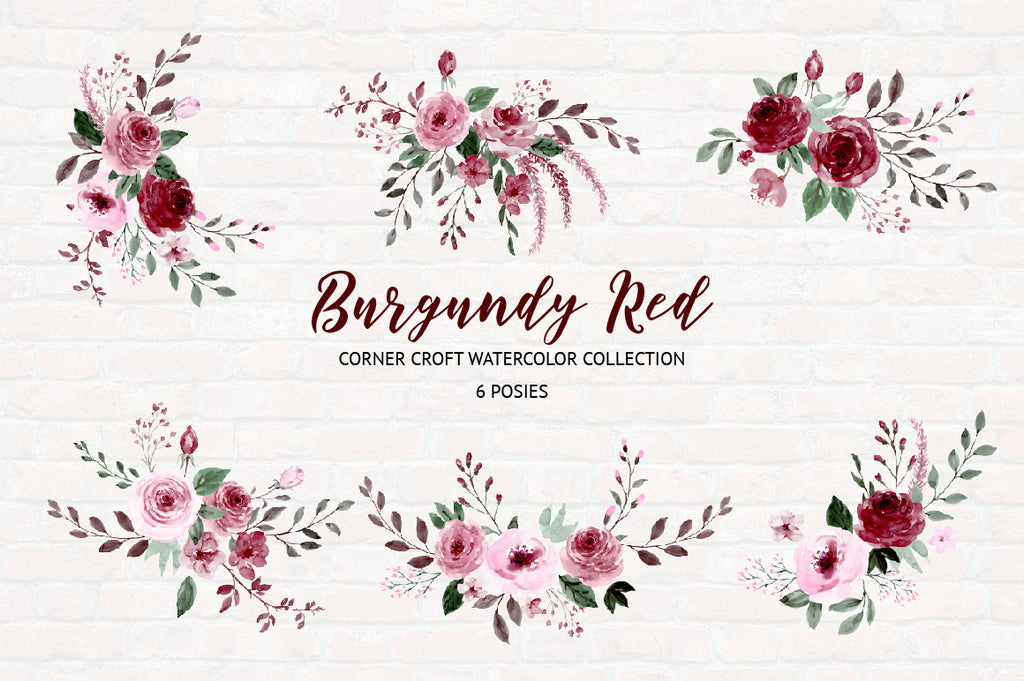 watercolor illustration deep red floral arrangement, instant download