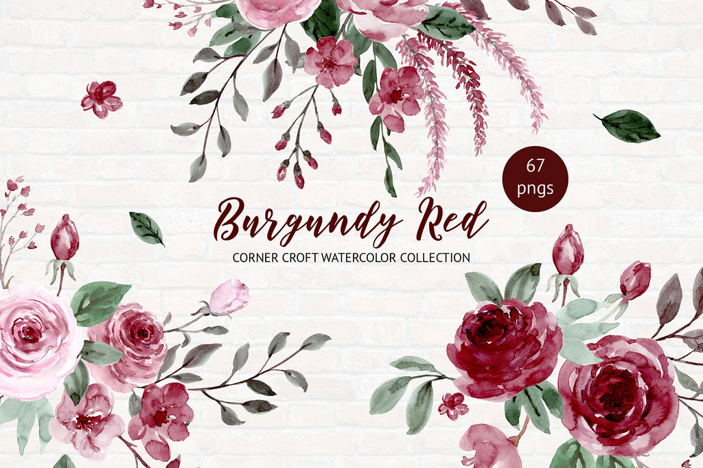 watercolor clipart burgundy red, floral posy and wreath instant download 