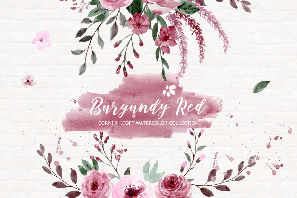 watercolor burgundy red floral illustration, watercolor floral wreath, floral arrangement 