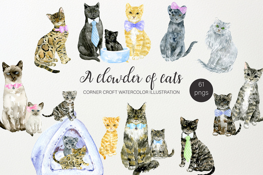 watercolor cat illustration, British Shorthair, Bengal, Siamese, Maine Coon and Persian. 