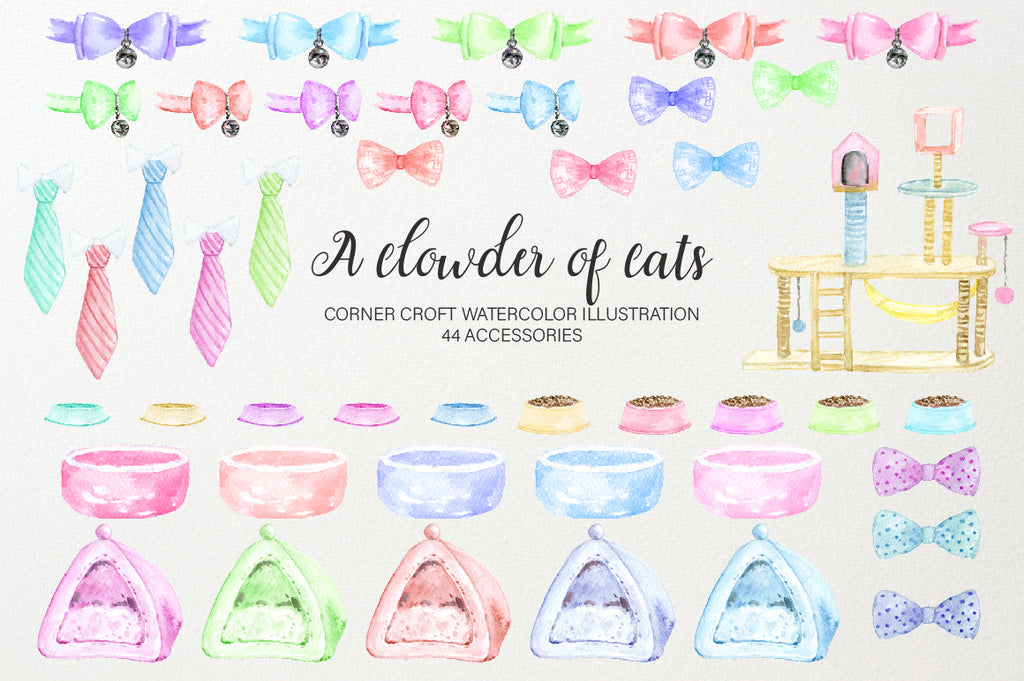 watercolor illustration of cat accessories, cat bowl, cat bow, cat bow tie