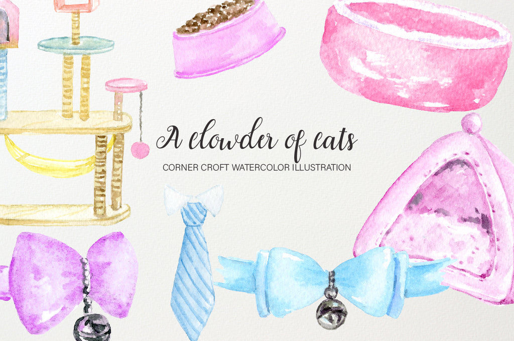 watercolor illustration of cat bed, cat climber, cat accessories 