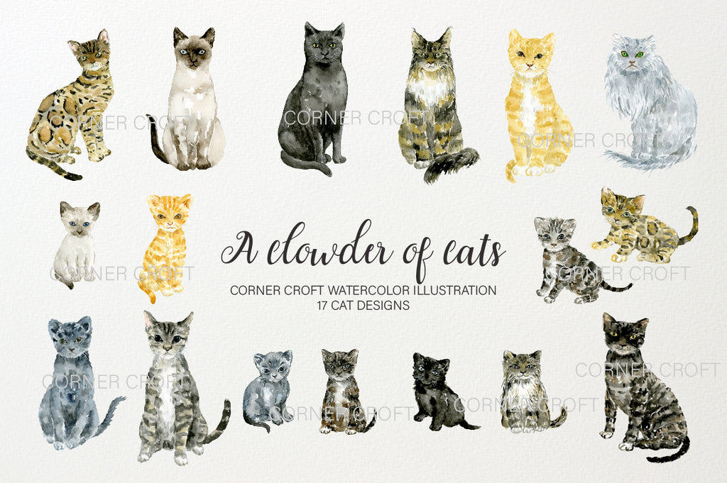 watercolor clipart "a clowder of cats", cats and kittens, black and white cat, ginger cat