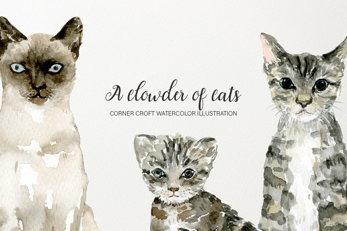 Clowder Drawing Watercolor cat illustration for instant download – Corner Croft