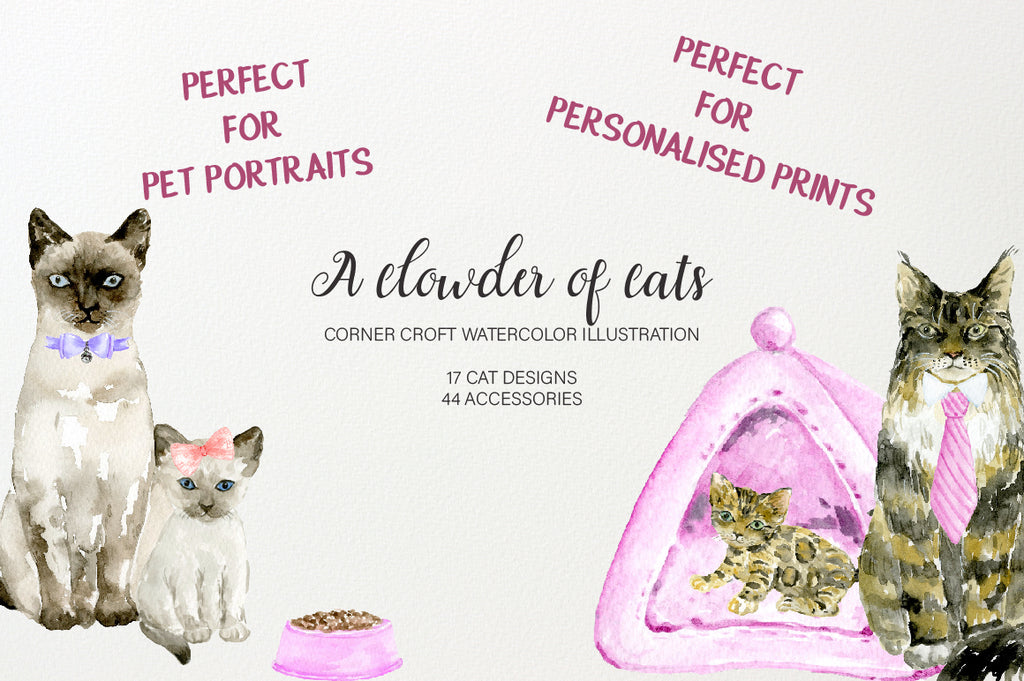 watercolor cat illustration, for pet portriat creator, personalised print creator 