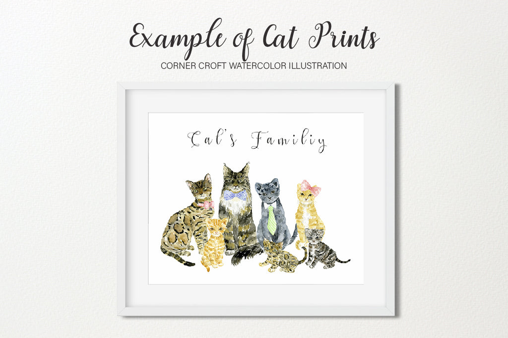 watercolor cat family portrait, personalised print, instant download 