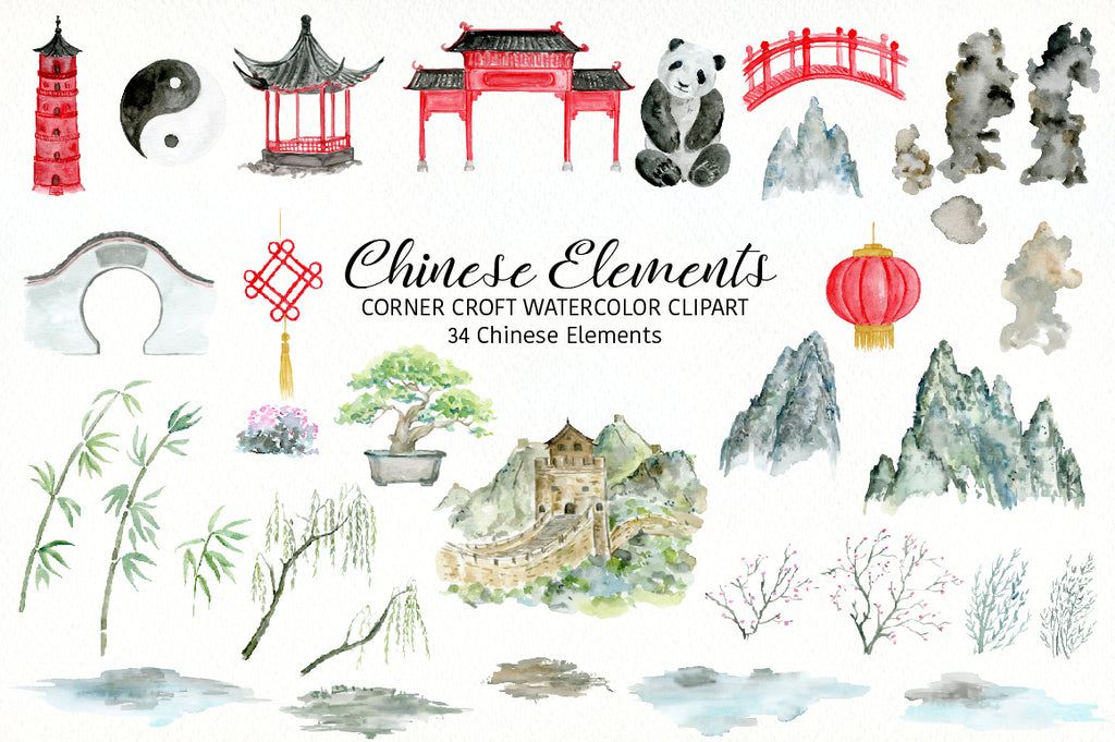 Watercolour Chinese elements of mountains, fake stones, hills, red bridge, trees, red peony,