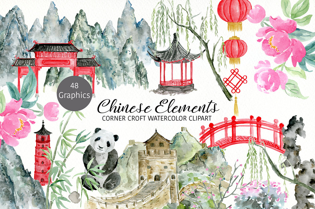 Chinese elements clipart, red arch, great wall and red pagoda in traditional Chinese style for instant download 