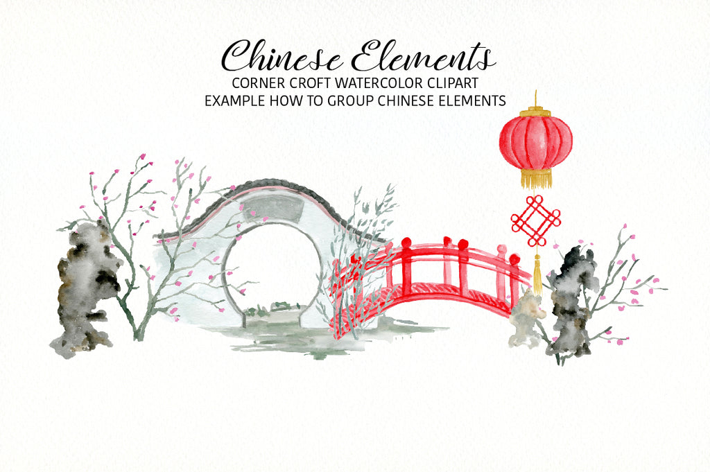 Chinese garden and mountain illustration, digital graphics for instant download 