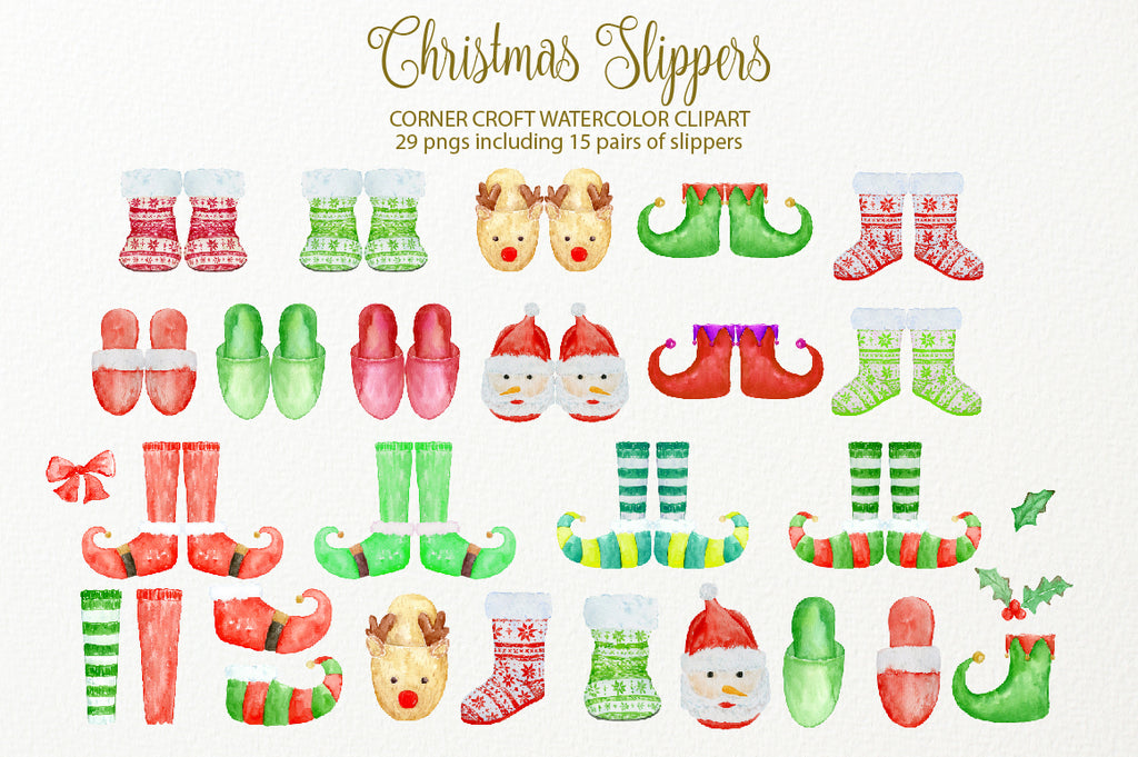 watercolor red slippers, elf slippers, santa slippers, knitted slippers, digital file