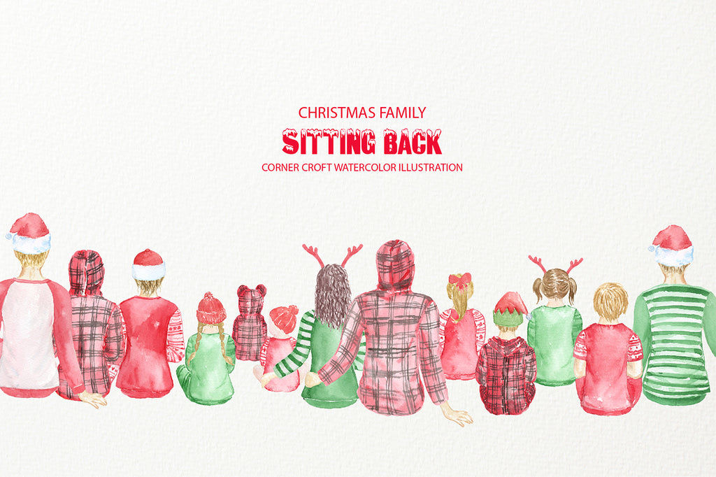 Christmas Family Sitting Down, back of family in pajamas instant download
