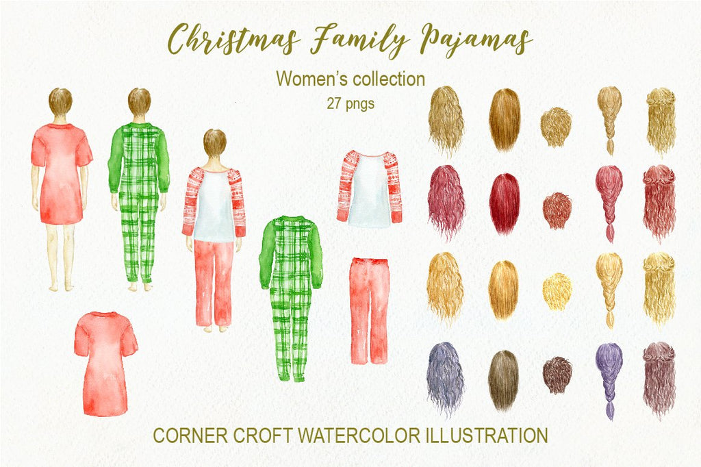 Watercolor illustration of woman back with different hair style, christmas clipart for instant download