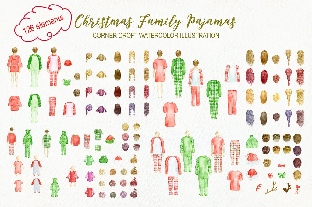 Christmas pajamas clipart, people in christmas pajamas, instant download for making personalised print