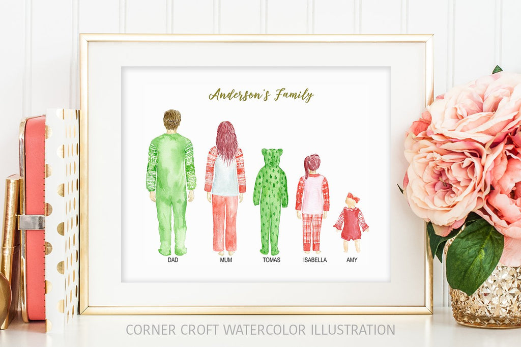 Personalised print creator, family in Christmas pajamas, different hair style