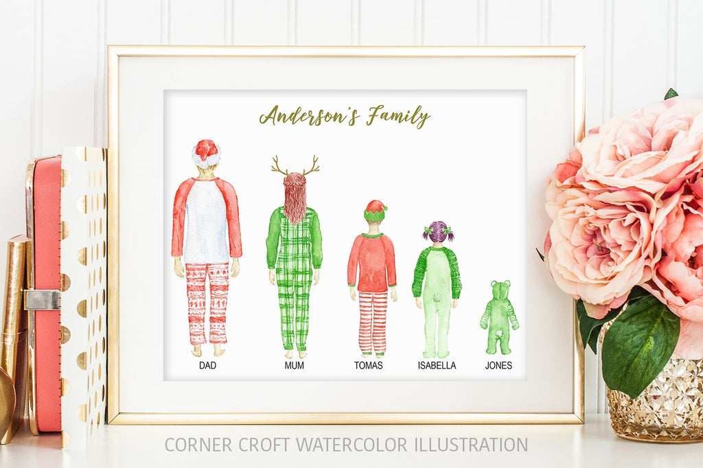 watercolor christmas family portrait in Christmas pajamas, personalised print creator