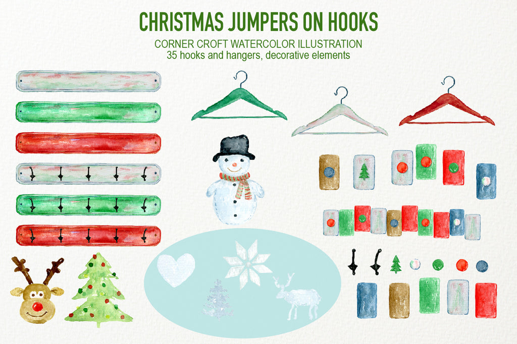 Watercolor hooks and hangers, Christmas hooks, hook rack, instant download 