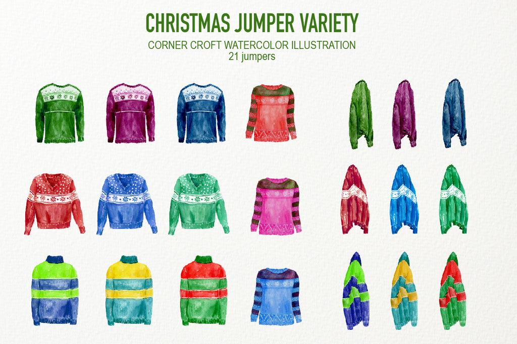 watercolor  clipart Christmas jumpers, scarf, mitten, wooly hat and Christmas stockings. 