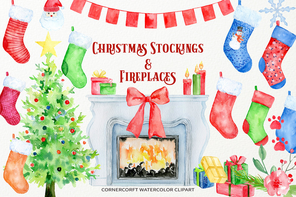 watercolor clipart Christmas stocking, fireplace and christmas tree, for personalised print
