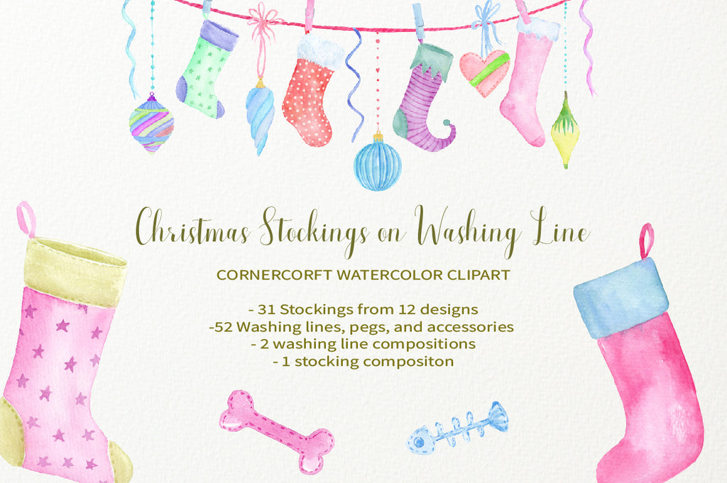 watercolor clipart, christmas stockings on washing line, instant download 