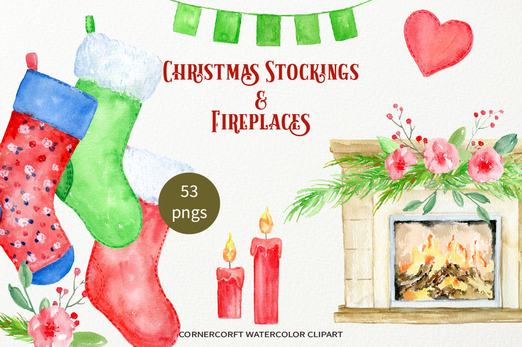 watercolor stocking, red and green Christmas stockings, fireplace, Christmas graphics 