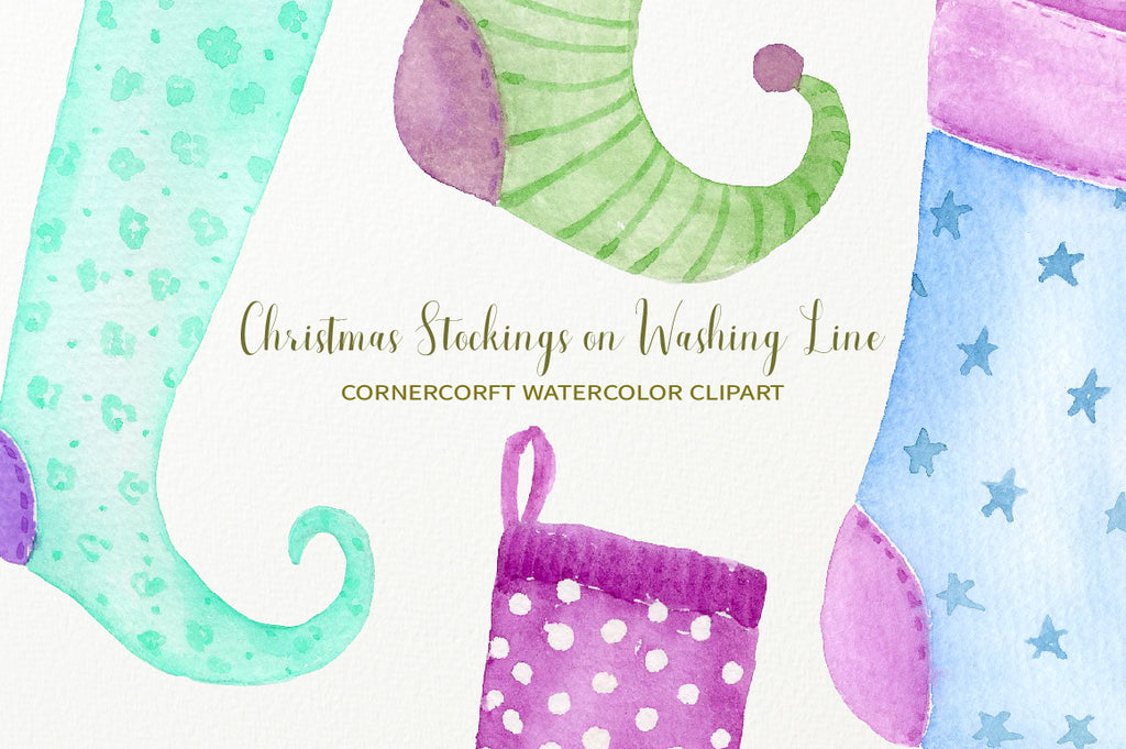 watercolor illustration of ping stocking, blue stocking, purple stocking, personalised print creator 