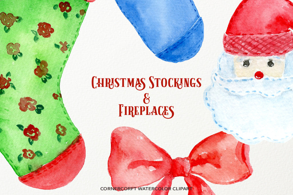 watercolor clipart Christmas stockings and fireplaces instant download 