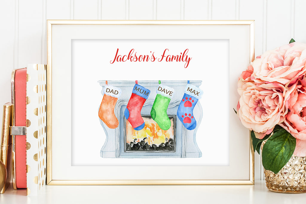 waterclor Christmas stocking illustration, personalised family print creator, instant download 