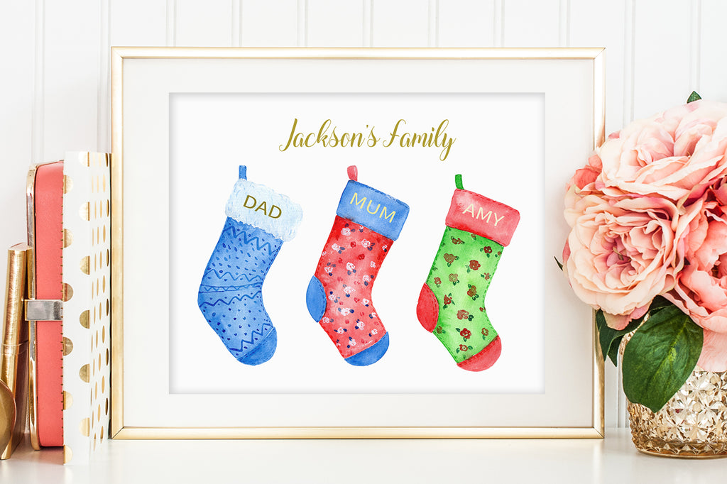 waterclor Christmas stocking illustration, personalised family print creator, instant download 