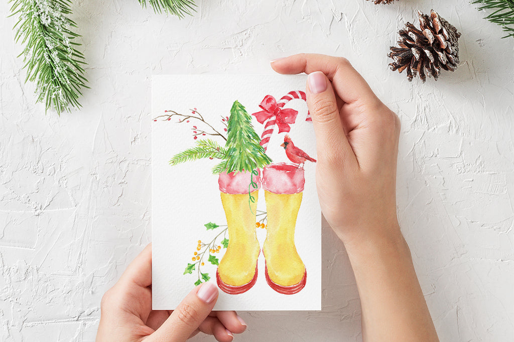 Watercolor clipart of Christmas rain boots, green boots, red boots, Christmas decorations