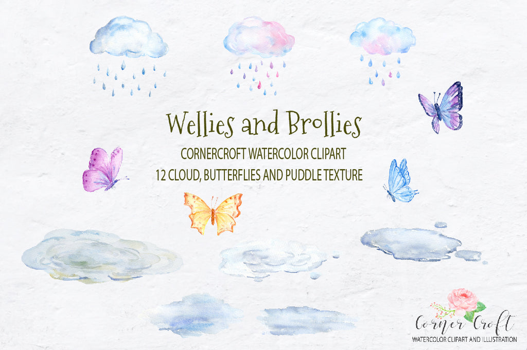 watercolor weather elements, cloud, rain drop, butterfly