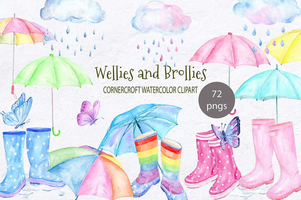 watercolor wellington boots with stars, rainbow pattern, pink, blue, yellow, purple rain boots, umbrella 