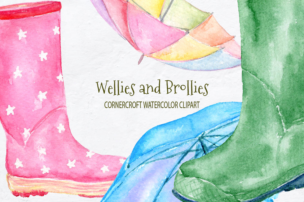 Brollies and Wellies, watercolor rain boots illustration, umbrella illustration 
