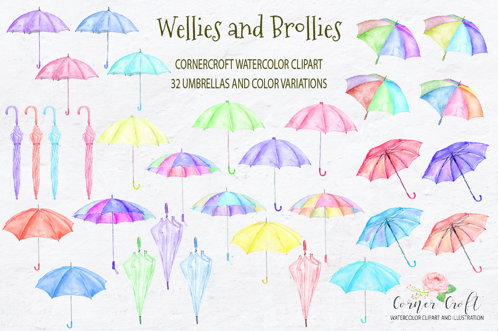 watercolor wellington boots, umbrellas, weather clipart, detailed illustration 