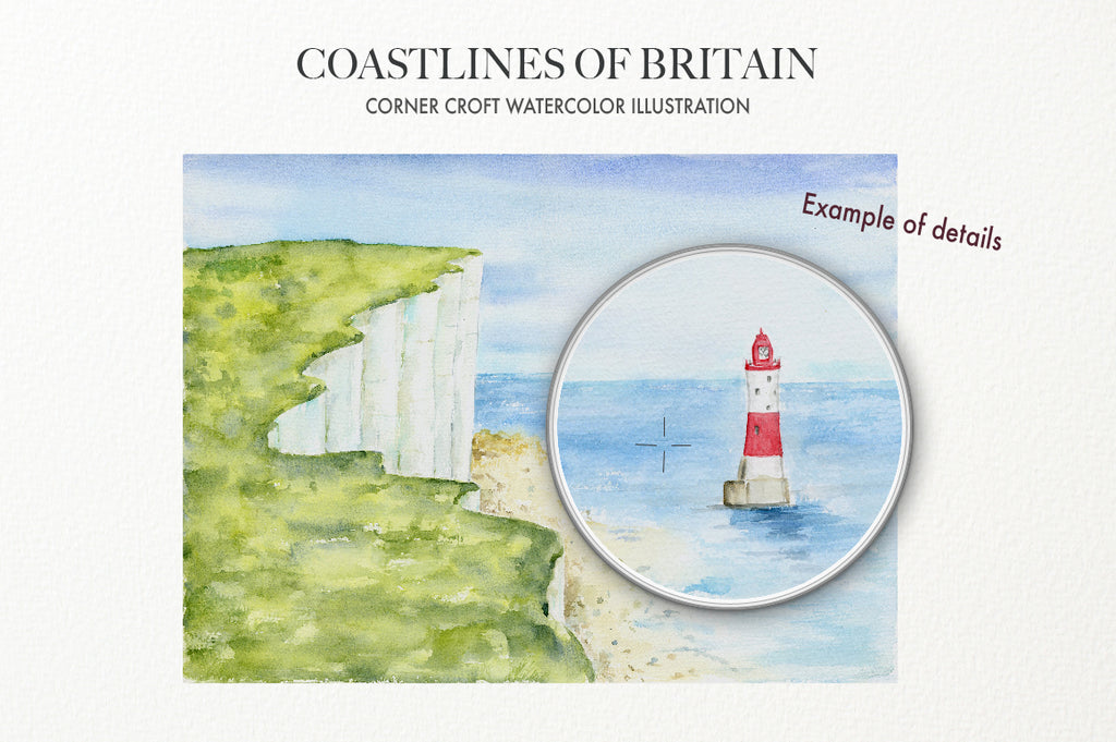 Watercolor illustration of beachy head lighthouse dover, the United Kingdom.
