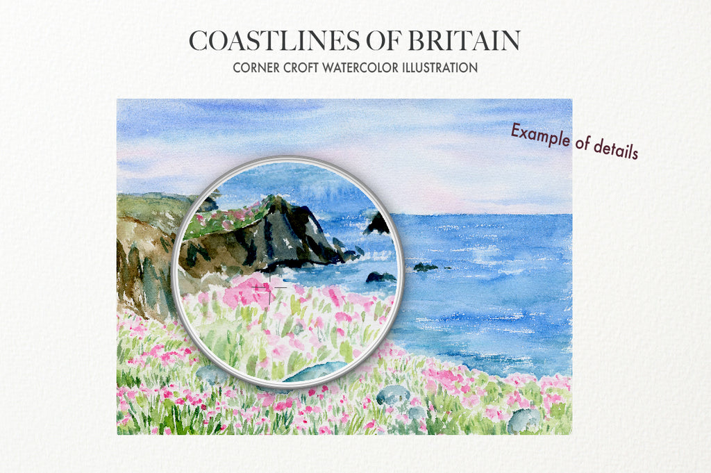 Digital download of watercolor landscape paintings of coastlines of Britain 