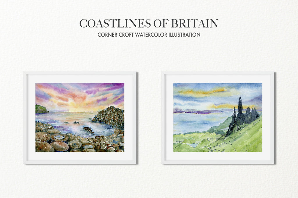 Coastline illustration, watercolor gaint's causeway, the old man of storr, isle of skye, instant download 