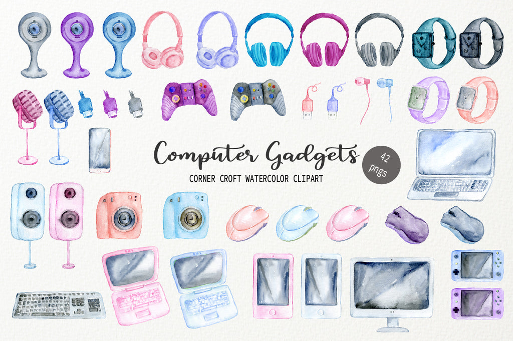 watercolor clipart of computer gadgets, headphone, keyboard, laptop, camera, game console