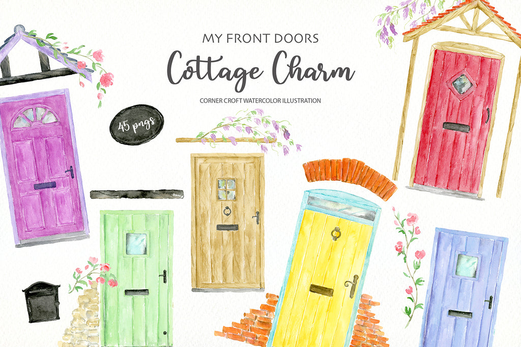 Watercolor front door illustration, tradition cottage style front doors, watercolor clipart
