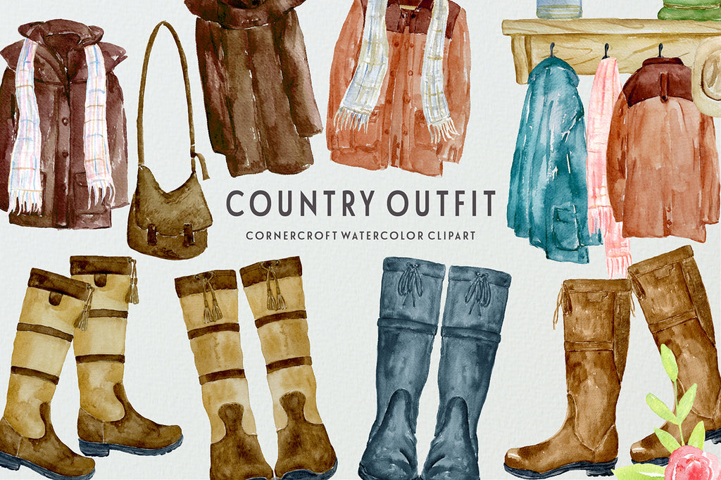 watercolor illustration country coat, country boots, instant download 