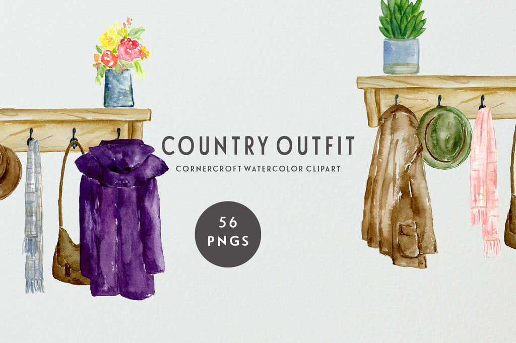 watercolor clipart country coats, country boots, stable boots, brown boots, coat on hooks 