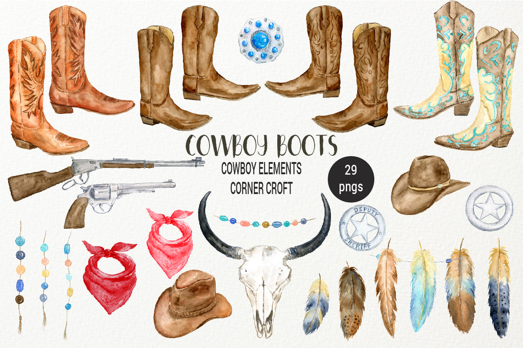 watercolour cowboy boots, pistol, lady's boots, boho skull, feathers, scarf, cowboy clipart