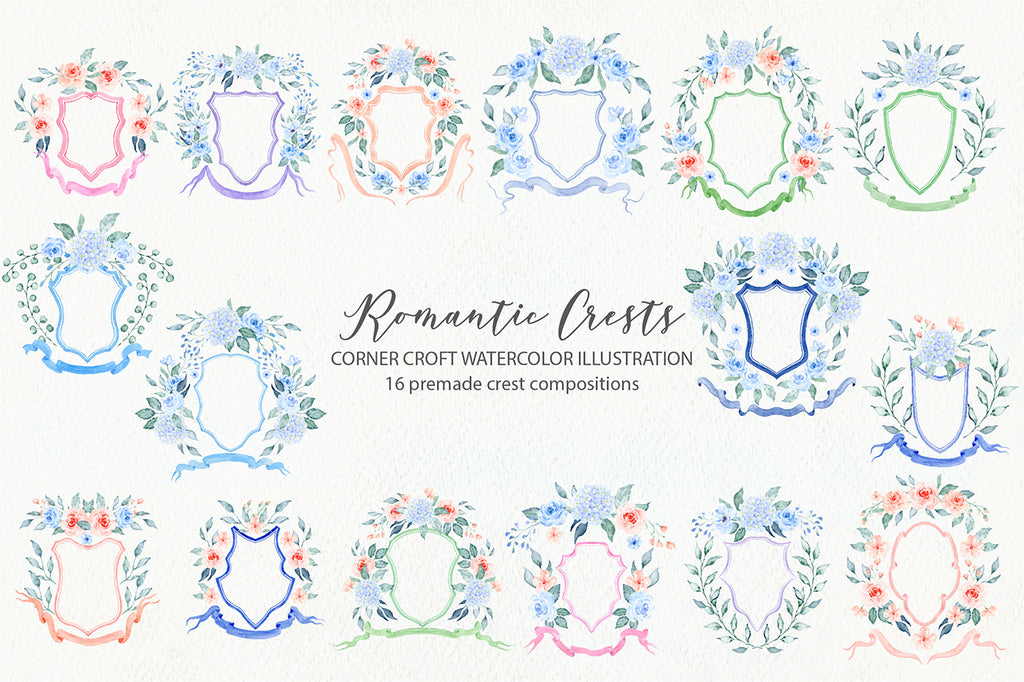 watercolor crest collection, instant download 