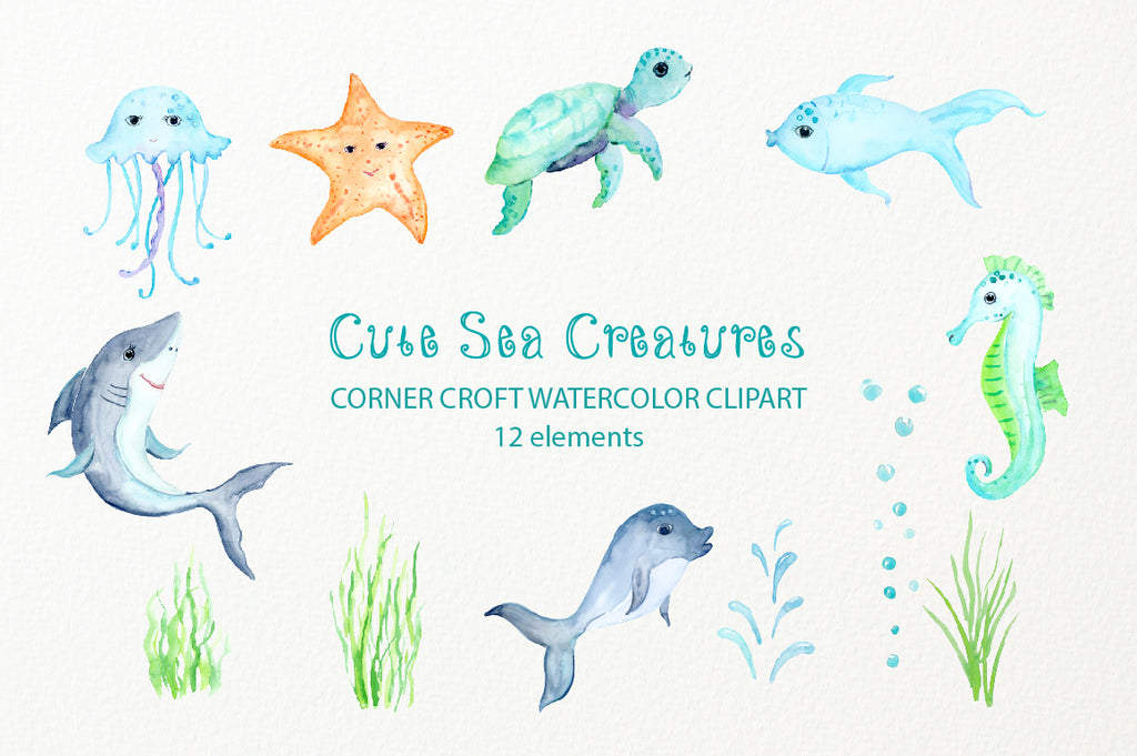 watercolor children illustration seahorse, jelly fish, shark, fish, starfish, dolphin and sea turtle