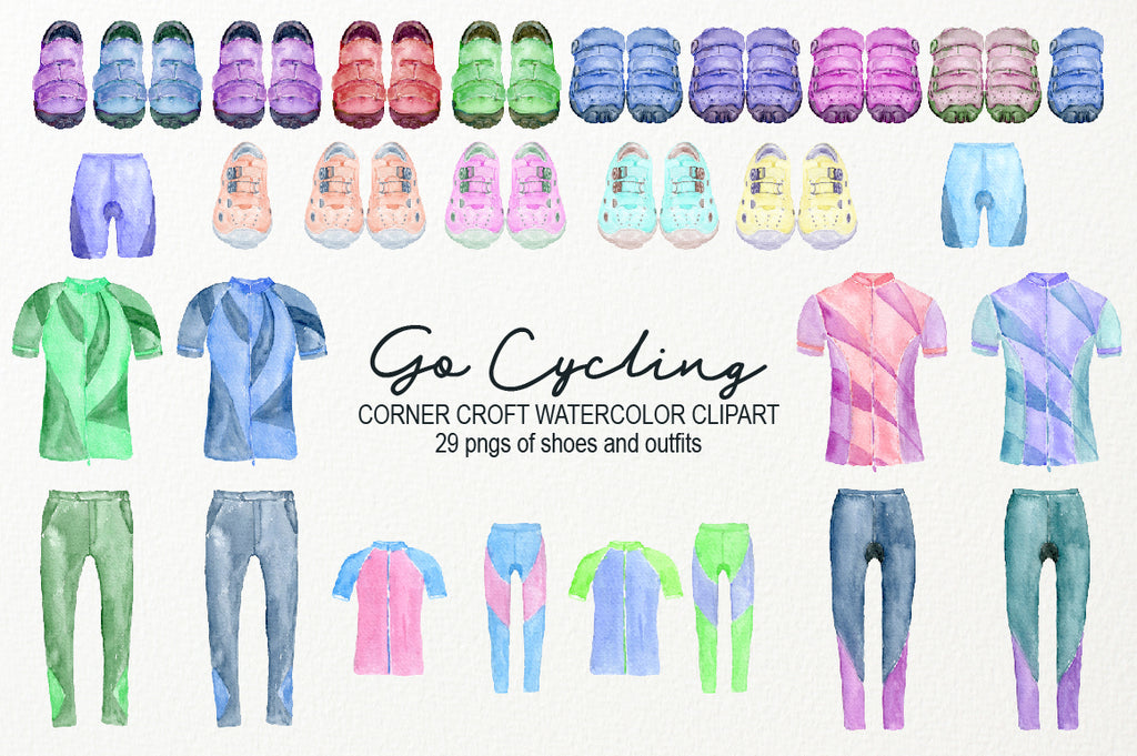 watercolor illustration of sport shoes, cycling shoes, cycling outfit for adult, for kids