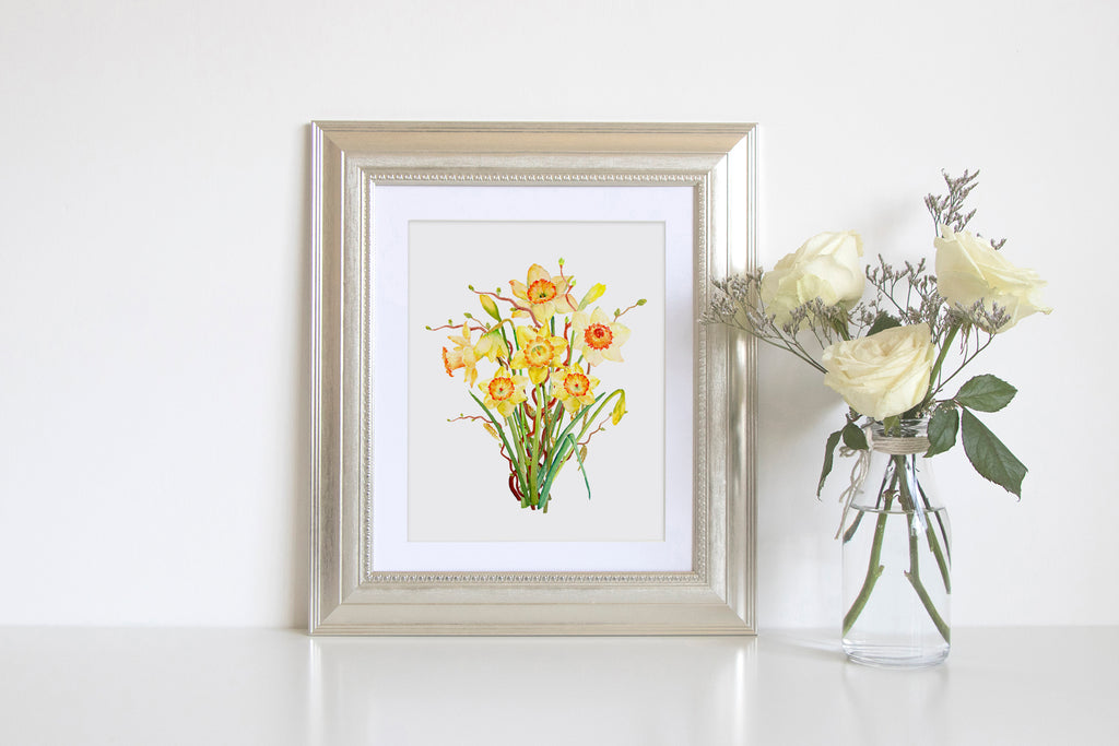 Watercolor spring flowers with long stem, spring bulbs and tree branches.
